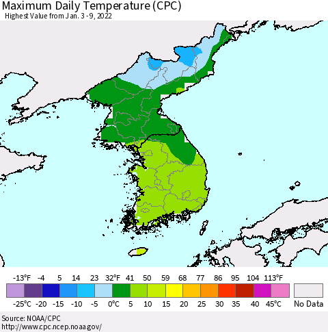 Korea Maximum Daily Temperature (CPC) Thematic Map For 1/3/2022 - 1/9/2022