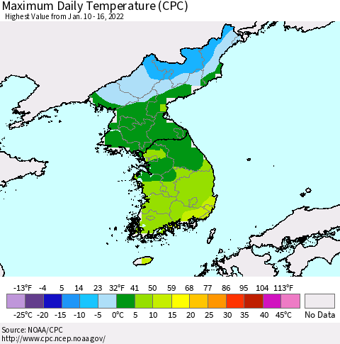 Korea Maximum Daily Temperature (CPC) Thematic Map For 1/10/2022 - 1/16/2022