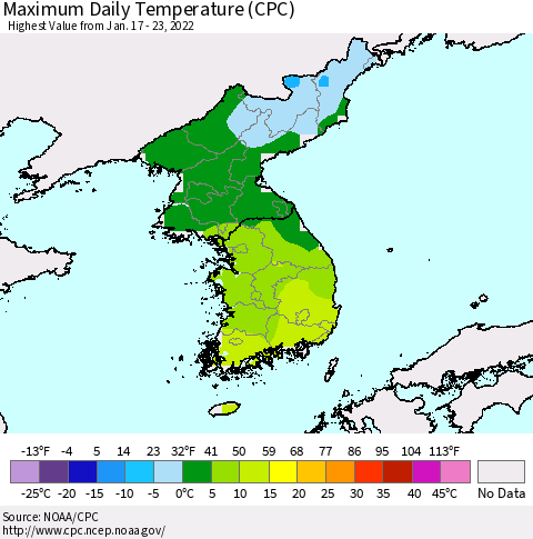 Korea Maximum Daily Temperature (CPC) Thematic Map For 1/17/2022 - 1/23/2022