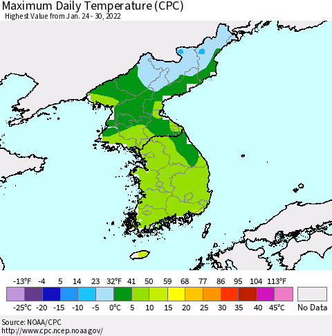 Korea Maximum Daily Temperature (CPC) Thematic Map For 1/24/2022 - 1/30/2022