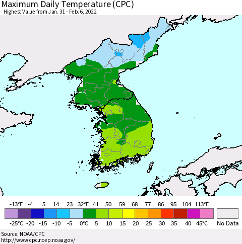 Korea Maximum Daily Temperature (CPC) Thematic Map For 1/31/2022 - 2/6/2022