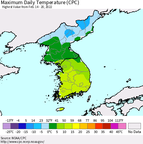 Korea Maximum Daily Temperature (CPC) Thematic Map For 2/14/2022 - 2/20/2022