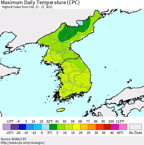 Korea Maximum Daily Temperature (CPC) Thematic Map For 2/21/2022 - 2/27/2022