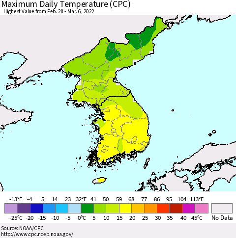 Korea Maximum Daily Temperature (CPC) Thematic Map For 2/28/2022 - 3/6/2022