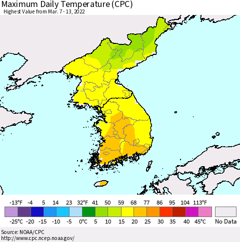 Korea Maximum Daily Temperature (CPC) Thematic Map For 3/7/2022 - 3/13/2022