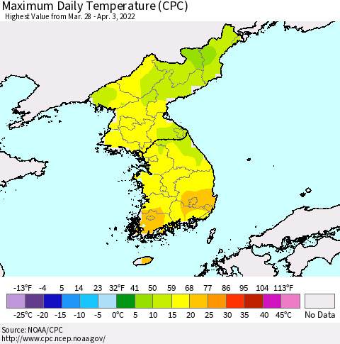 Korea Maximum Daily Temperature (CPC) Thematic Map For 3/28/2022 - 4/3/2022