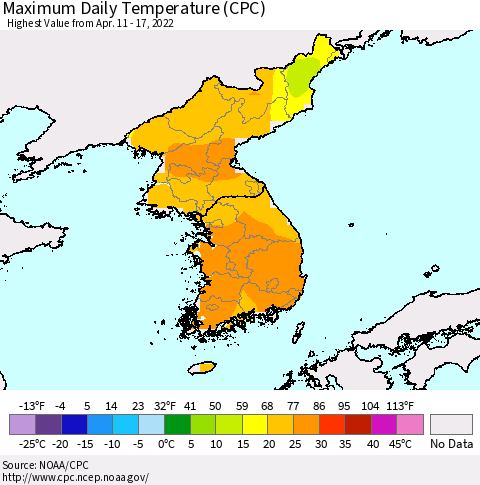 Korea Maximum Daily Temperature (CPC) Thematic Map For 4/11/2022 - 4/17/2022