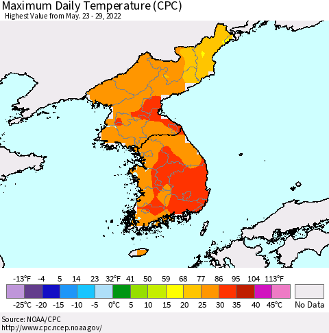 Korea Maximum Daily Temperature (CPC) Thematic Map For 5/23/2022 - 5/29/2022