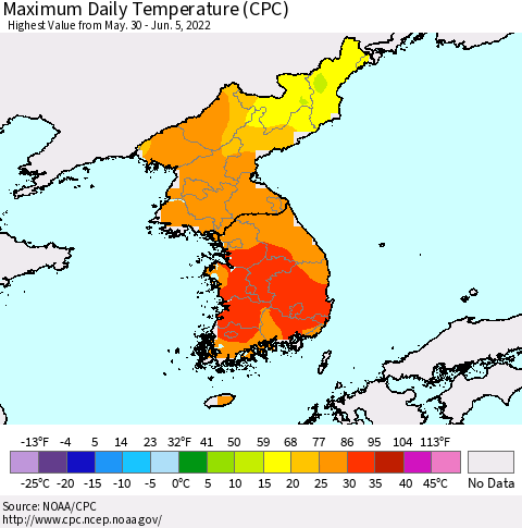 Korea Maximum Daily Temperature (CPC) Thematic Map For 5/30/2022 - 6/5/2022