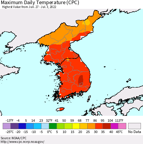 Korea Maximum Daily Temperature (CPC) Thematic Map For 6/27/2022 - 7/3/2022