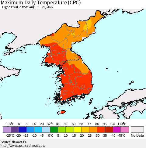 Korea Maximum Daily Temperature (CPC) Thematic Map For 8/15/2022 - 8/21/2022
