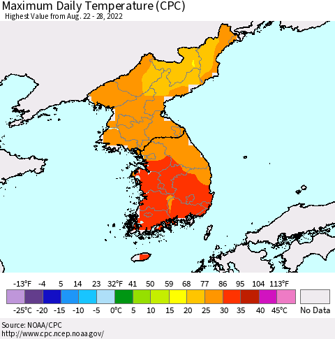 Korea Maximum Daily Temperature (CPC) Thematic Map For 8/22/2022 - 8/28/2022