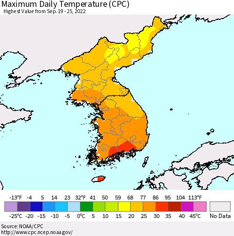 Korea Maximum Daily Temperature (CPC) Thematic Map For 9/19/2022 - 9/25/2022