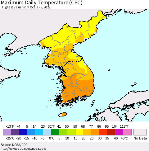 Korea Maximum Daily Temperature (CPC) Thematic Map For 10/3/2022 - 10/9/2022