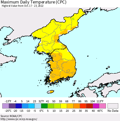 Korea Maximum Daily Temperature (CPC) Thematic Map For 10/17/2022 - 10/23/2022