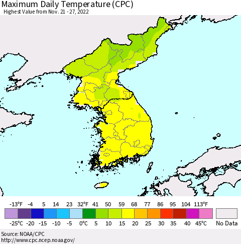 Korea Maximum Daily Temperature (CPC) Thematic Map For 11/21/2022 - 11/27/2022
