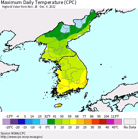 Korea Maximum Daily Temperature (CPC) Thematic Map For 11/28/2022 - 12/4/2022