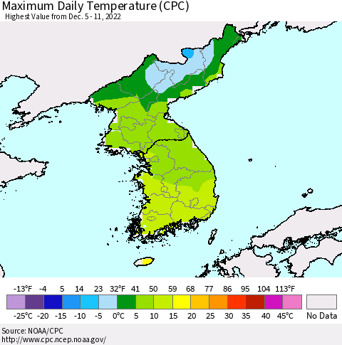 Korea Maximum Daily Temperature (CPC) Thematic Map For 12/5/2022 - 12/11/2022
