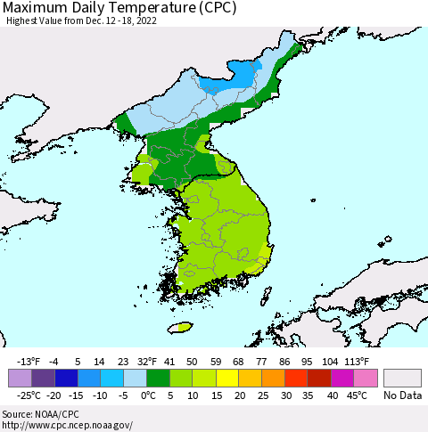 Korea Maximum Daily Temperature (CPC) Thematic Map For 12/12/2022 - 12/18/2022