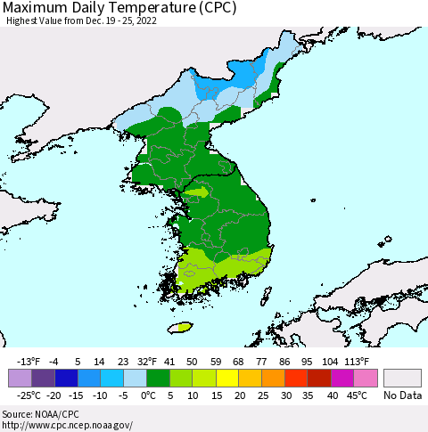 Korea Maximum Daily Temperature (CPC) Thematic Map For 12/19/2022 - 12/25/2022