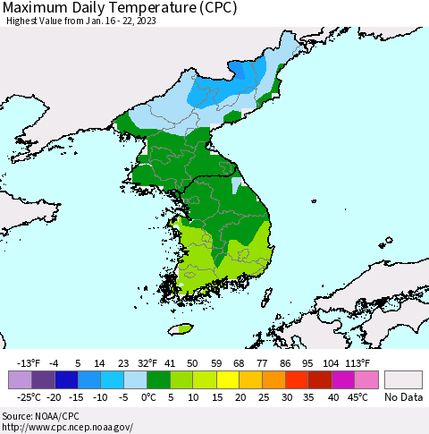 Korea Maximum Daily Temperature (CPC) Thematic Map For 1/16/2023 - 1/22/2023