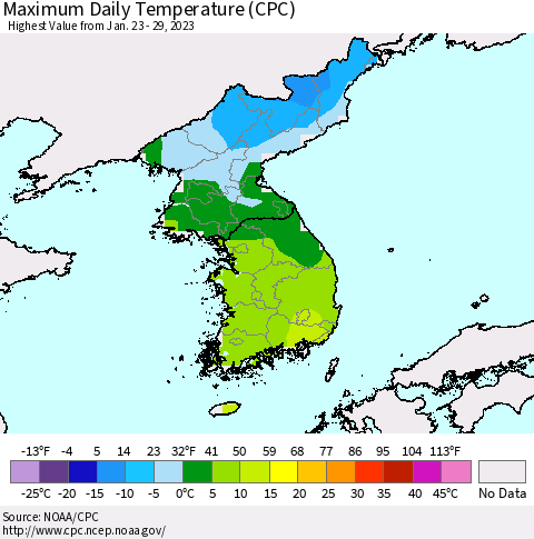 Korea Maximum Daily Temperature (CPC) Thematic Map For 1/23/2023 - 1/29/2023