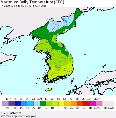 Korea Maximum Daily Temperature (CPC) Thematic Map For 1/30/2023 - 2/5/2023