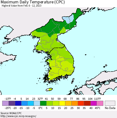 Korea Maximum Daily Temperature (CPC) Thematic Map For 2/6/2023 - 2/12/2023