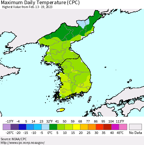 Korea Maximum Daily Temperature (CPC) Thematic Map For 2/13/2023 - 2/19/2023