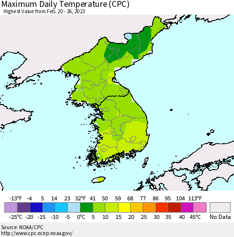 Korea Maximum Daily Temperature (CPC) Thematic Map For 2/20/2023 - 2/26/2023