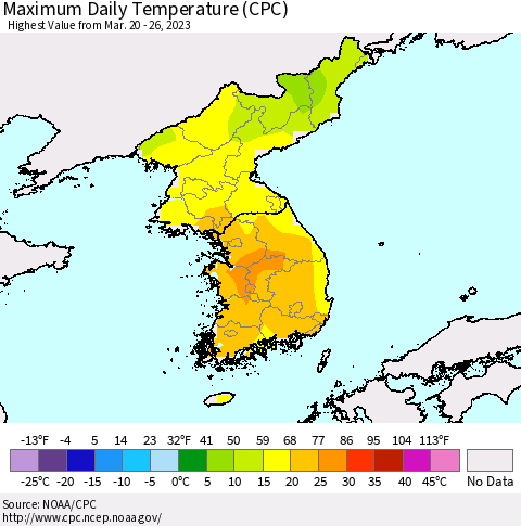 Korea Maximum Daily Temperature (CPC) Thematic Map For 3/20/2023 - 3/26/2023