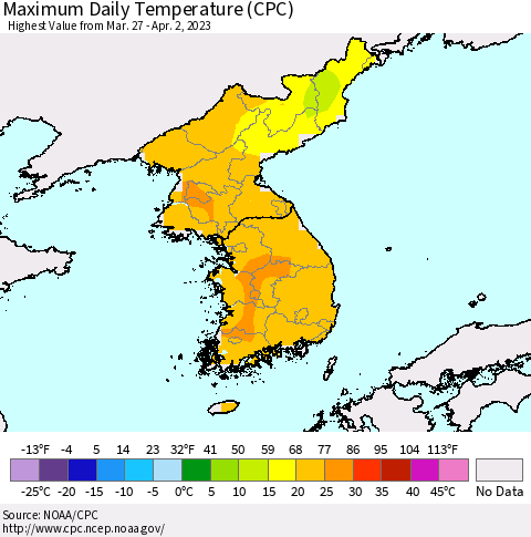 Korea Maximum Daily Temperature (CPC) Thematic Map For 3/27/2023 - 4/2/2023