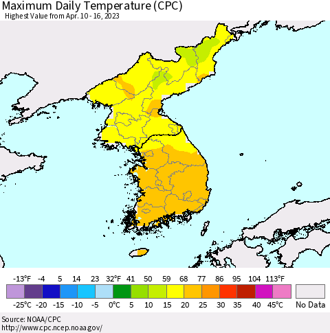 Korea Maximum Daily Temperature (CPC) Thematic Map For 4/10/2023 - 4/16/2023