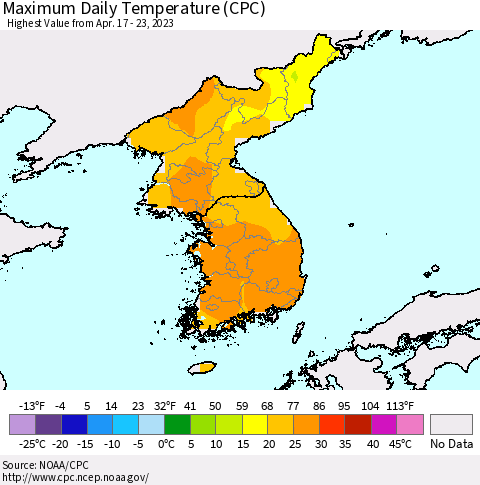 Korea Maximum Daily Temperature (CPC) Thematic Map For 4/17/2023 - 4/23/2023