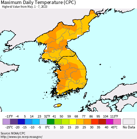 Korea Maximum Daily Temperature (CPC) Thematic Map For 5/1/2023 - 5/7/2023
