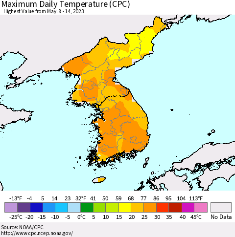 Korea Maximum Daily Temperature (CPC) Thematic Map For 5/8/2023 - 5/14/2023