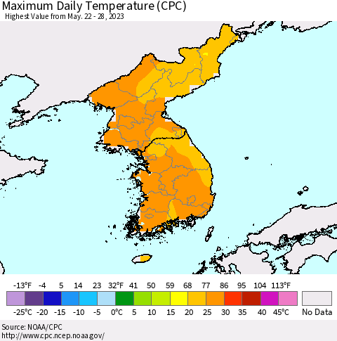 Korea Maximum Daily Temperature (CPC) Thematic Map For 5/22/2023 - 5/28/2023