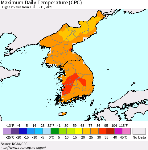 Korea Maximum Daily Temperature (CPC) Thematic Map For 6/5/2023 - 6/11/2023