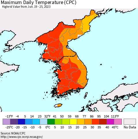 Korea Maximum Daily Temperature (CPC) Thematic Map For 6/19/2023 - 6/25/2023