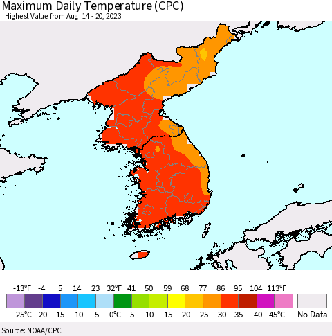 Korea Maximum Daily Temperature (CPC) Thematic Map For 8/14/2023 - 8/20/2023