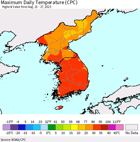 Korea Maximum Daily Temperature (CPC) Thematic Map For 8/21/2023 - 8/27/2023