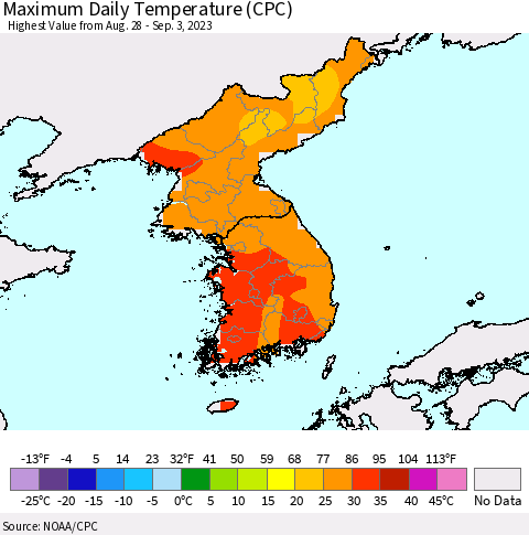 Korea Maximum Daily Temperature (CPC) Thematic Map For 8/28/2023 - 9/3/2023