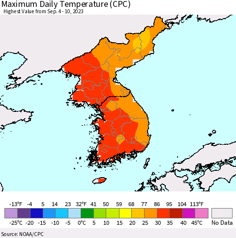 Korea Maximum Daily Temperature (CPC) Thematic Map For 9/4/2023 - 9/10/2023
