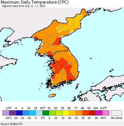 Korea Maximum Daily Temperature (CPC) Thematic Map For 9/11/2023 - 9/17/2023