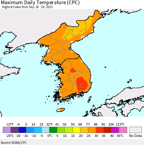 Korea Maximum Daily Temperature (CPC) Thematic Map For 9/18/2023 - 9/24/2023