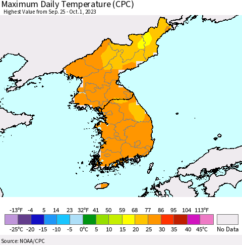 Korea Maximum Daily Temperature (CPC) Thematic Map For 9/25/2023 - 10/1/2023