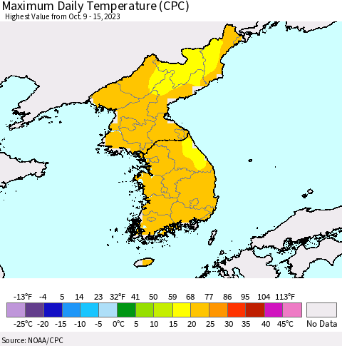 Korea Maximum Daily Temperature (CPC) Thematic Map For 10/9/2023 - 10/15/2023