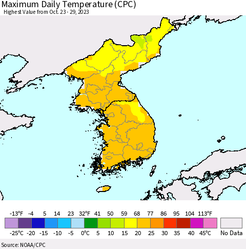 Korea Maximum Daily Temperature (CPC) Thematic Map For 10/23/2023 - 10/29/2023