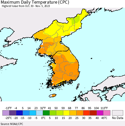 Korea Maximum Daily Temperature (CPC) Thematic Map For 10/30/2023 - 11/5/2023