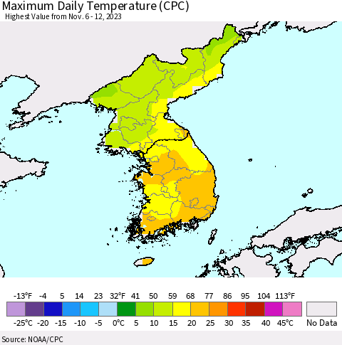 Korea Maximum Daily Temperature (CPC) Thematic Map For 11/6/2023 - 11/12/2023